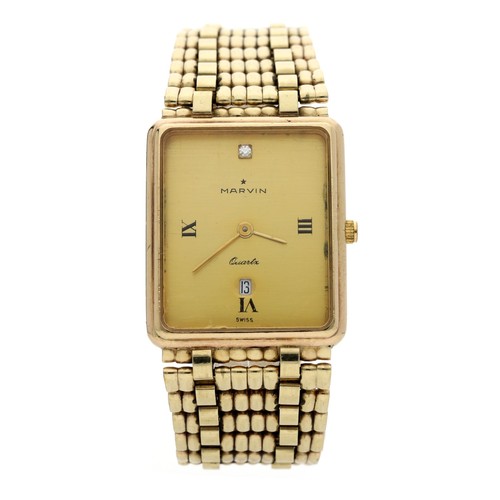 66 - Marvin Quartz 9ct gentleman's wristwatch, rectangular champagne dial, 9ct bracelet, 51.9gm, 25mm (re... 