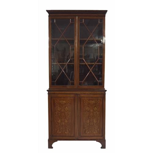 983 - Attractive Sheraton Revival mahogany inlaid glazed bookcase, the upper with two astral glazed doors ... 