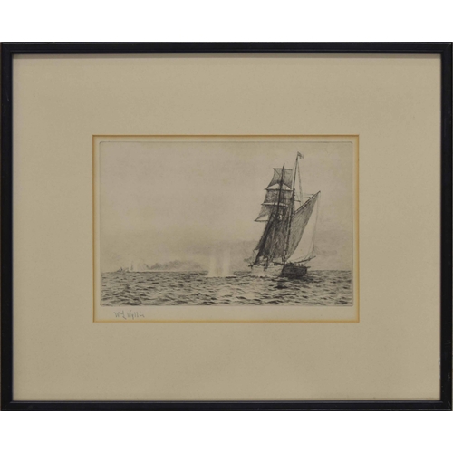 762 - William Lionel Wyllie R.A., R.E., (1851-1931) - An armed Barquentine caught in crossfire, signed art... 