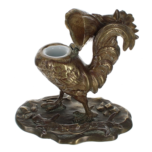 1257 - Good bronze figural ink stand cast as a standing Rooster, with hinged neck enclosing an ink well, up... 