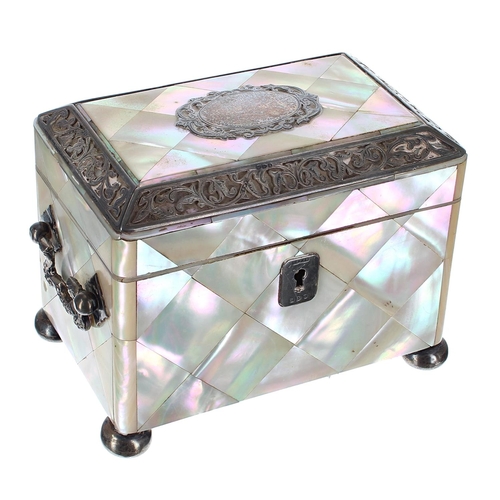 1264 - Fine attractive late Victorian parquetry  mother of pearl and silver mounted tea caddy of casket for... 