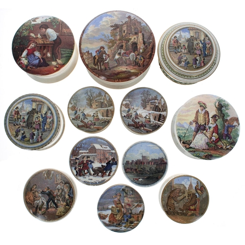 1293 - Group of twenty 19th century and later Prattware pot lids, twelve of which with accompanying pot bas... 