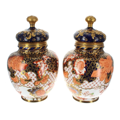 1296 - Pair of Royal Crown Derby Imari palette porcelain jars with covers, inscribed 776/2444 and with fact... 