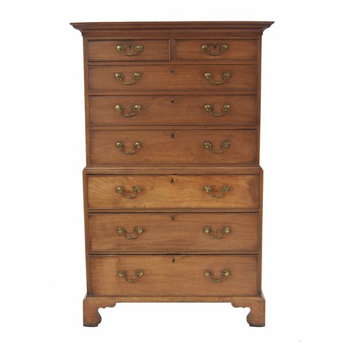 967 - George III mahogany tall boy chest on chest, with moulded cornice over an upper chest of two short o... 