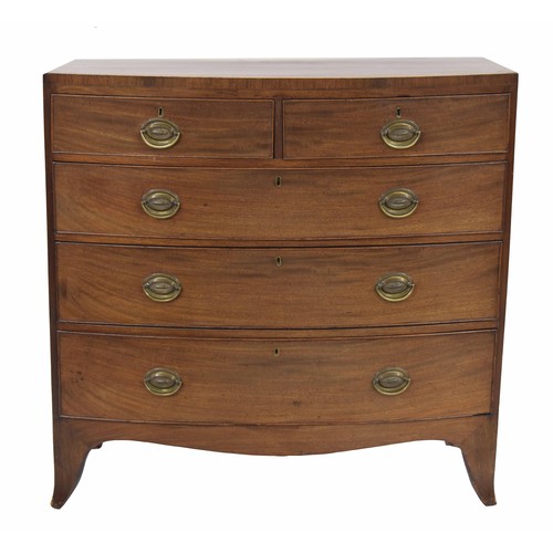 975 - 19th century mahogany and cross-banded bow front chest of two short over three long graduated drawer... 