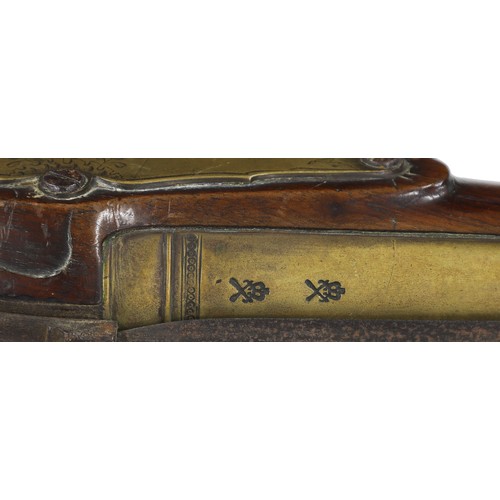 1114 - Fine brass barrelled flintlock Blunderbuss with sprung bayonet signed Parkes, the barrel 16