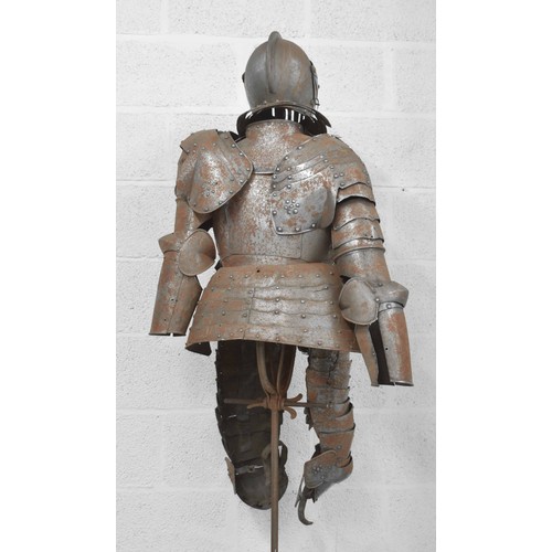 1142 - Victorian part suit of armour in the medieval style, with close helm helmet, collar, rivet construct... 