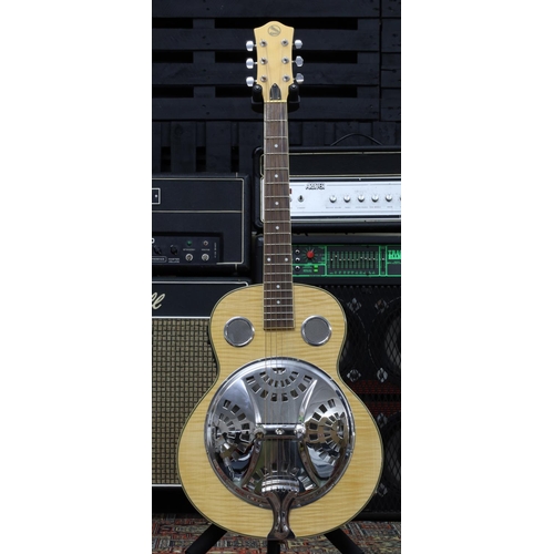 1014 - Moondog Guitars electric resonator guitar, natural finish, within original hard case... 