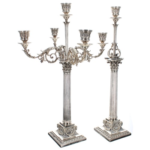 570 - Good pair of Elkington & Co. silver plated Corinthian column candelabra, constructing in multipl... 