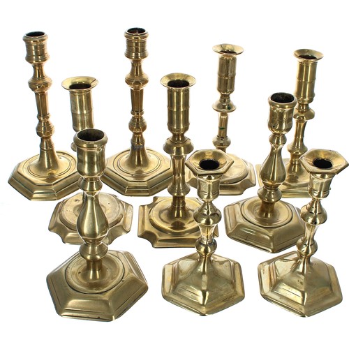 1250 - Five pairs of 19th century brass candlesticks, tallest 8.25