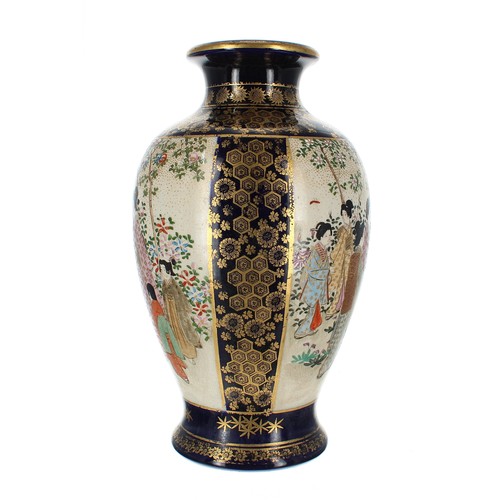 1307 - Japanese satsuma earthenware vase, decorated with panels of geishas in a foliate setting on a blue g... 