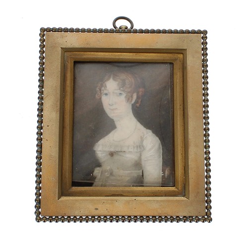 1335 - English School (19th century) - Portrait miniature of a young lady, half length wearing a cream dres... 