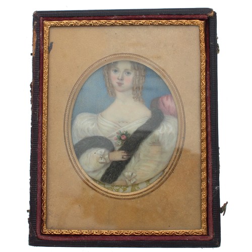 1340 - English School (19th century) - Portrait of a young lady, half length wearing a large flamboyant cre... 