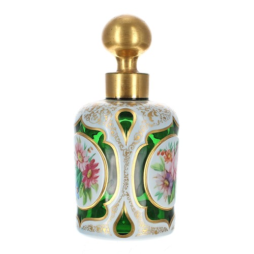 1181 - Attractive 19th century Bohemian green overlaid scent bottle and stopper, decorated with an ova... 