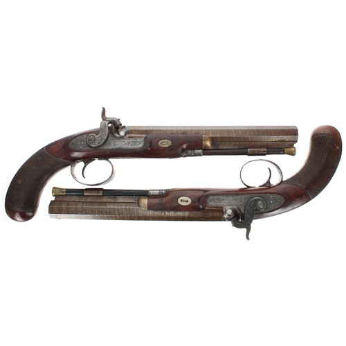 1110 - Boxed fine pair of 19th century percussion dueling pistols signed Harrissons, Carlisle, with Damascu... 