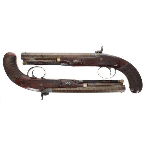 1110 - Boxed fine pair of 19th century percussion dueling pistols signed Harrissons, Carlisle, with Damascu... 