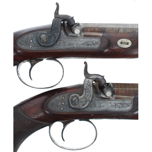 1110 - Boxed fine pair of 19th century percussion dueling pistols signed Harrissons, Carlisle, with Damascu... 