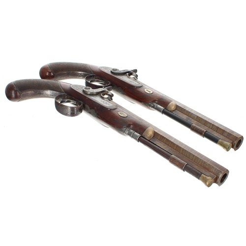 1110 - Boxed fine pair of 19th century percussion dueling pistols signed Harrissons, Carlisle, with Damascu... 