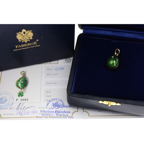 536 - Fabergé Victor Meyer 18ct green guilloche enamel diamond set egg pendant, limited edition 29/199, th... 