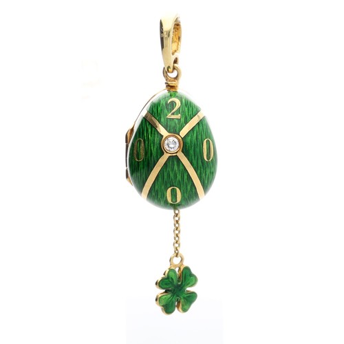 536 - Fabergé Victor Meyer 18ct green guilloche enamel diamond set egg pendant, limited edition 29/199, th... 