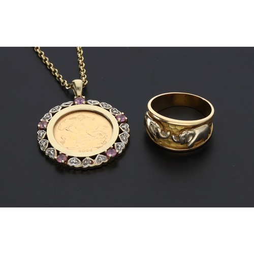 539 - 9ct gem set 2006 sovereign pendant on necklace, also a yellow metal ring stamped 800, 18.7gm (ref.6)... 