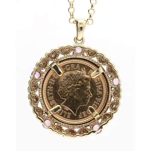 539 - 9ct gem set 2006 sovereign pendant on necklace, also a yellow metal ring stamped 800, 18.7gm (ref.6)... 