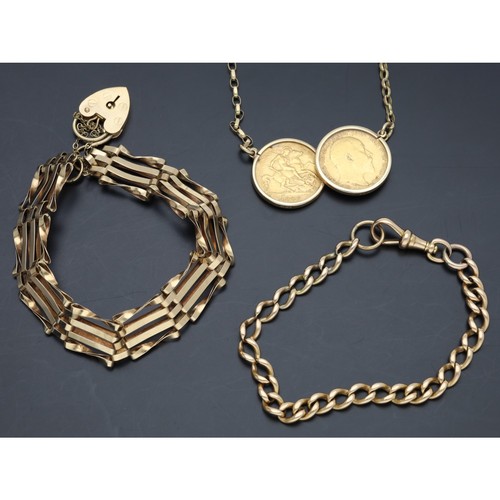 541 - 9ct gate bracelet with padlock, also a 9ct bracelet and two mounted half sovereigns on a necklet, 33... 