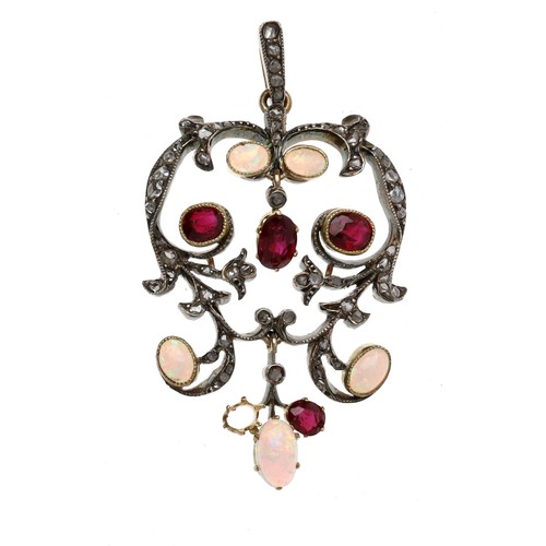 545 - Attractive antique ruby, opal and rose-cut diamond openwork scroll pendant, 8.2gm, 50mm drop approx ... 