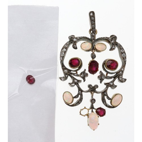 545 - Attractive antique ruby, opal and rose-cut diamond openwork scroll pendant, 8.2gm, 50mm drop approx ... 