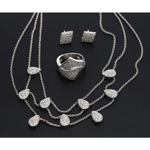 549 - Zoughaib 18ct white gold pavé diamond set necklace, ring and earrings, ring size M/N, the earrings 1... 