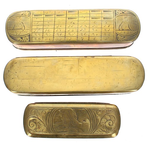 1270 - 18th century Dutch brass and copper oval tobacco box with hinged cover, with engraved calendar decor... 