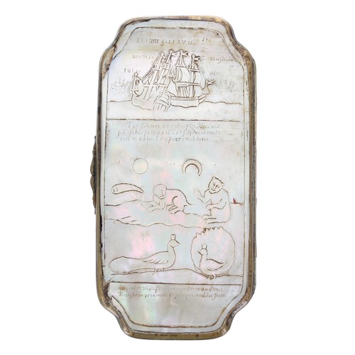 1271 - Interesting Dutch 18th century mother of pearl and brass tobacco box, possibly prisoner of war, the ... 