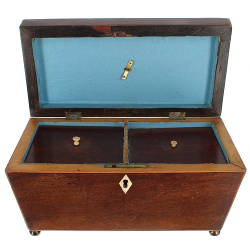 700 - Georgian mahogany tea caddy, the hinged cover with ring handle enclosing a divided interior with inn... 