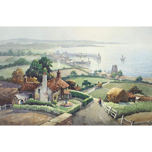 813 - George Ayling (1887-1960) - Sunlit landscape with a cottage and garden in the foreground, a harbour ... 