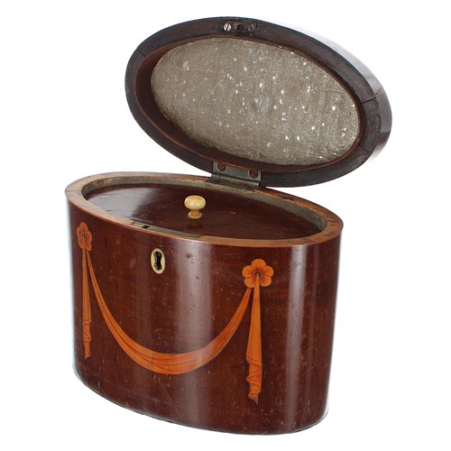 1267 - George III oval mahogany inlaid tea caddy, the top inlaid with an oval conch shell paterae enclosing... 