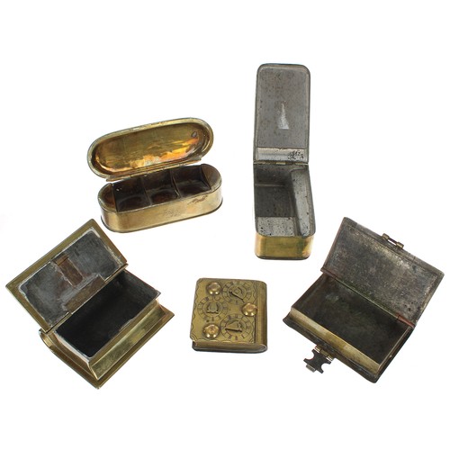 1272 - Three 19th century brass tobacco boxes in the forms of books, one with clock dial locking mechanism,... 