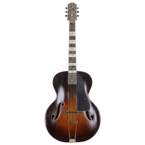 754 - Late 1940s Harmony Deluxe archtop guitar, made in USA; Body: tobacco sunburst finish, heavy checking... 