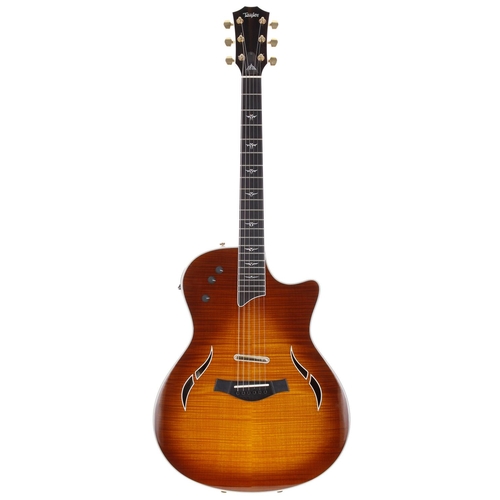 801 - 2005 Taylor T5-C1 hollow body electric guitar, made in USA; Body: amber burst finished figured maple... 