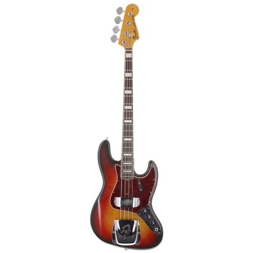 869 - 1972 Fender Jazz Bass guitar, made in USA; Body: three-tone sunburst finish, small buckle blemish to... 