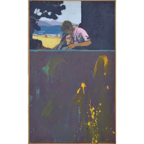 862 - 20th/21st Century - Two young lovers embracing with a beach and coastline beyond, oil on board, 27.5... 