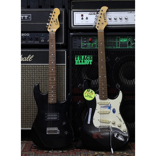 1154 - Two S-Type electric guitars to include an Excel and an Encore; together with a Squier 15 practice am... 