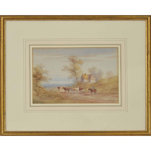 835 - Henry Earp snr (1831-1914) - Sussex landscape with a drover on horseback, cattle nearby, signed also... 