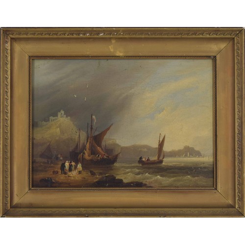 856 - English School (19th century) - Coastal scene with figures beside fishing boats, oil on canvas, 10