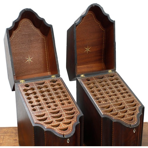 1255 - Good pair of Georgian mahogany serpentine knife boxes, the hinged covers with chevron stringing and ... 