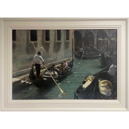 Aldo Balding (20th/21st century) - A venetian canal scene with figures in Gondoliers, signed Aldo also inscribed on a label verso, oil on canvas, 21.25" x 32"