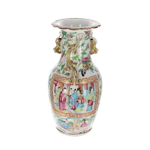 1314 - 19th century Chinese Canton famille rose porcelain vase, with petal moulded flared rim over applied ... 