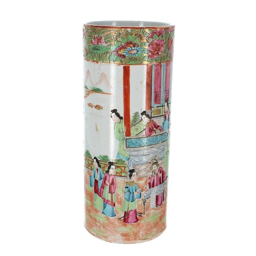 1318 - 19th century Chinese Canton famille rose porcelain cylinder vase, with figural interior scene painte... 