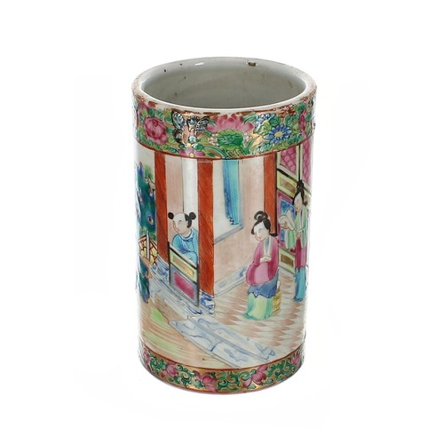 1319 - 19th century Chinese Canton famille rose porcelain cylinder brush pot, with figures in a garden deco... 