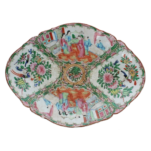 1320 - 19th century Chinese Canton famille rose heavy porcelain quatrefoil dish, decorated with painted fig... 