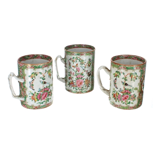 1322 - Group of three 19th century Chinese Canton famille rose porcelain mugs, all of cylinder form with na... 